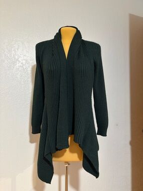 Alicia Peru Alpaca Wool Dark Hunter Green Ribbed Open-Front Sweater Cardigan